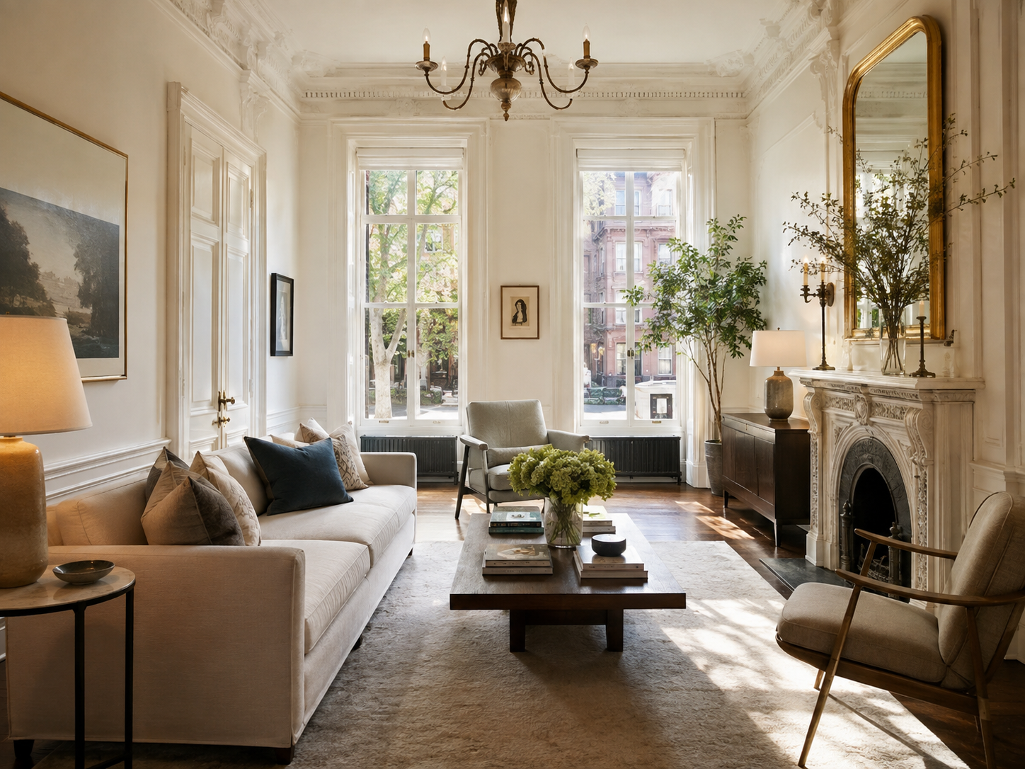 Sunlit brownstone parlor with tall windows, marble mantel, and furnished seating