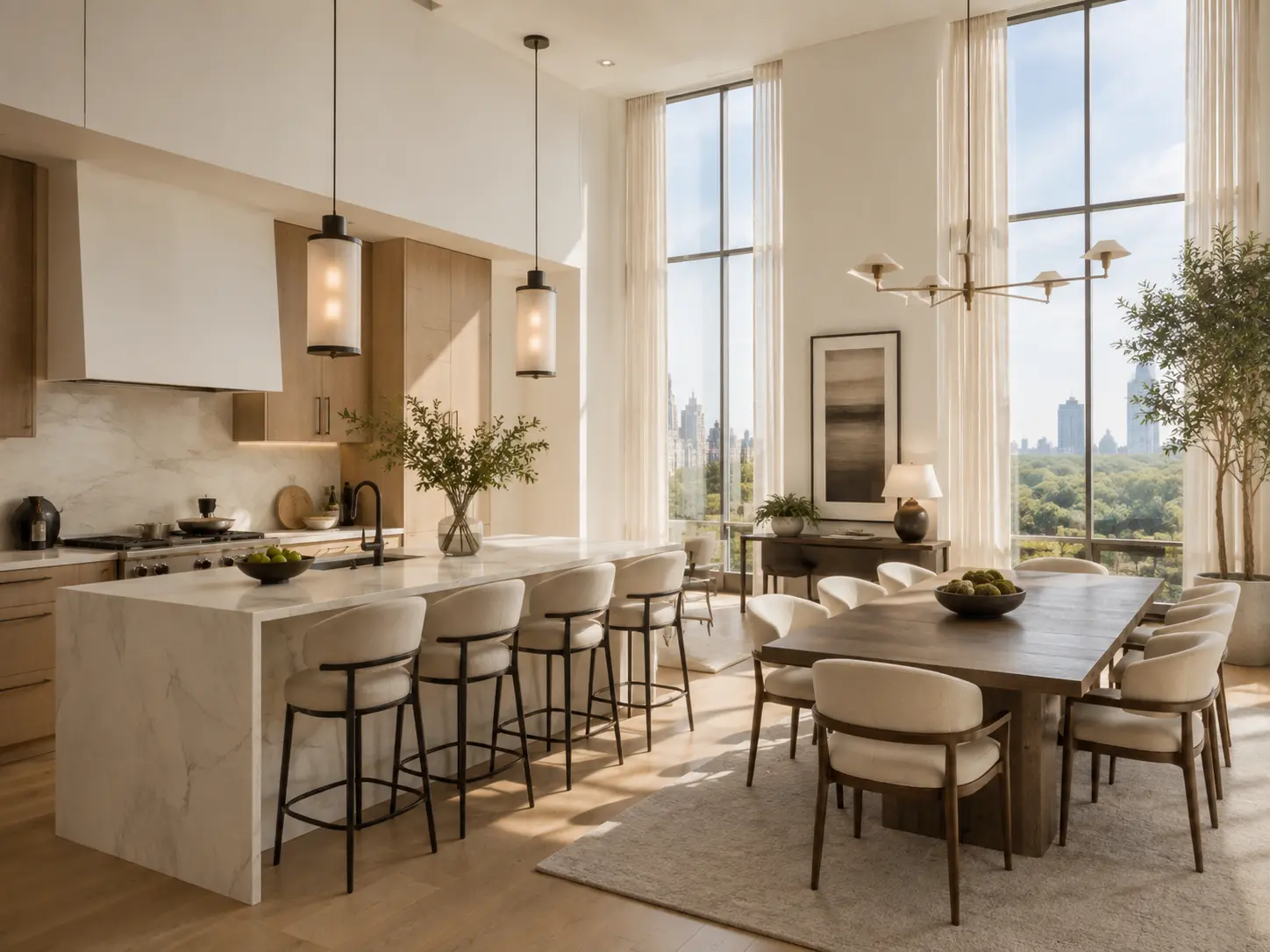 Sunlit open kitchen and dining room with marble island and tall windows
